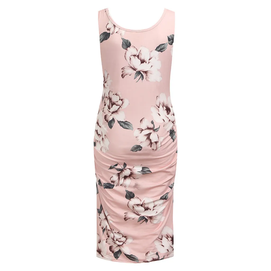 Ladies Floral Print Sleeveless Midi Maternity Dress