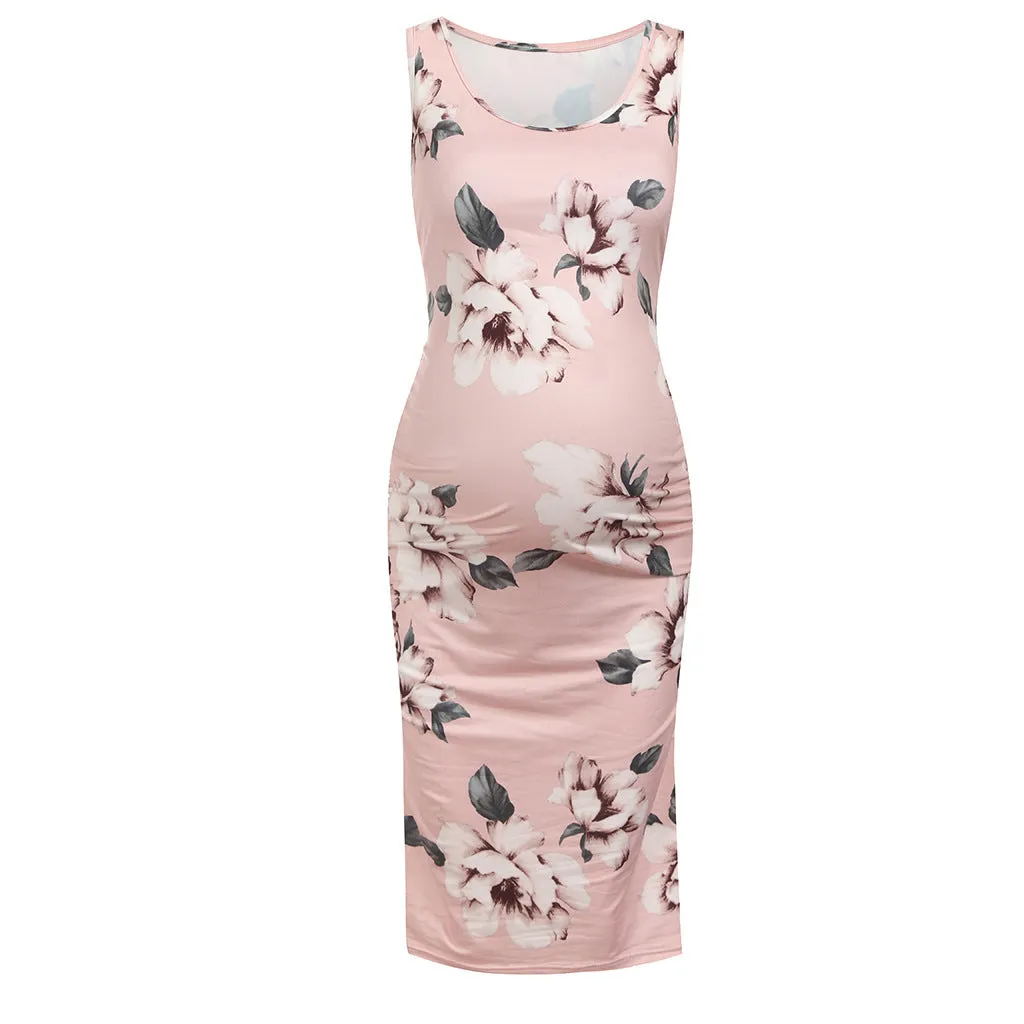 Ladies Floral Print Sleeveless Midi Maternity Dress