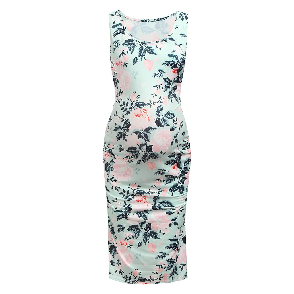 Ladies Floral Print Sleeveless Midi Maternity Dress