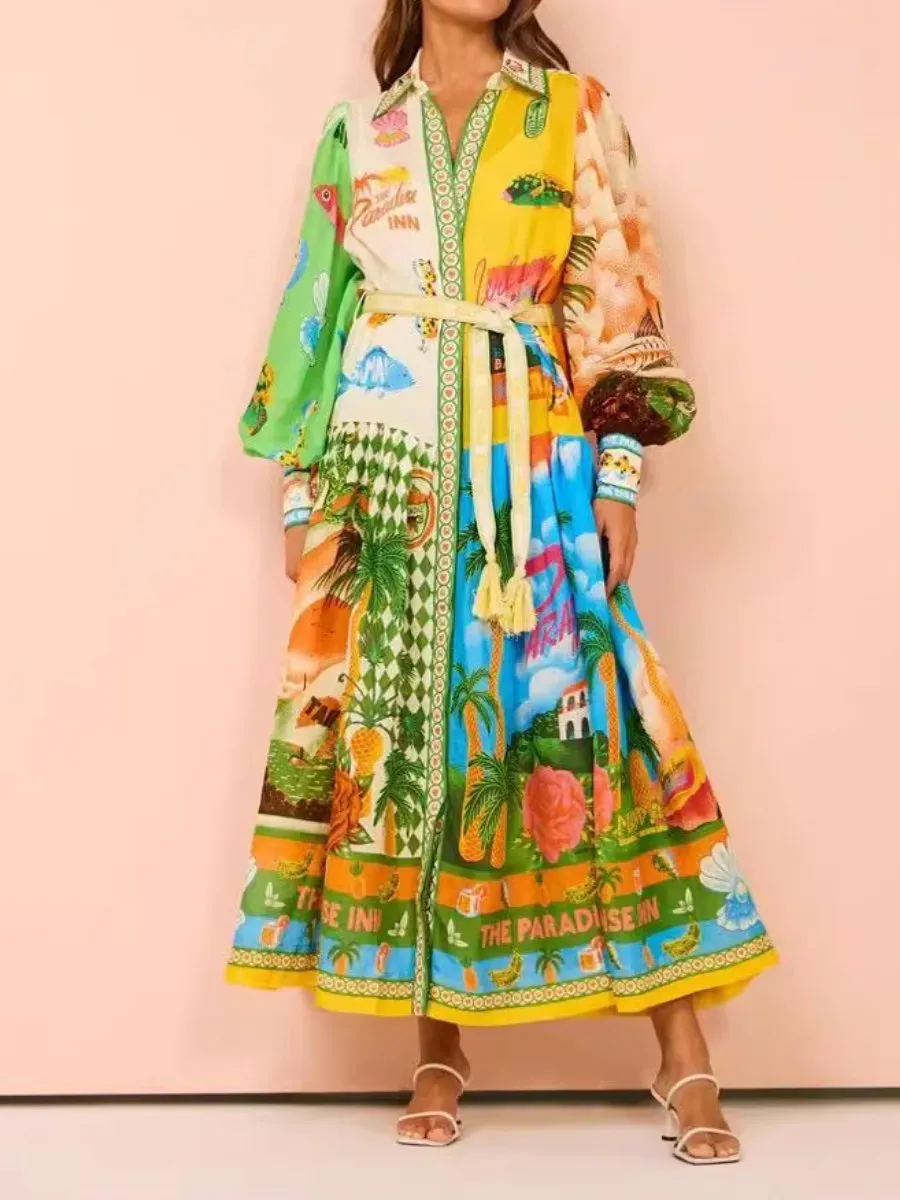 Lantern Sleeve Vacation Printed Dress