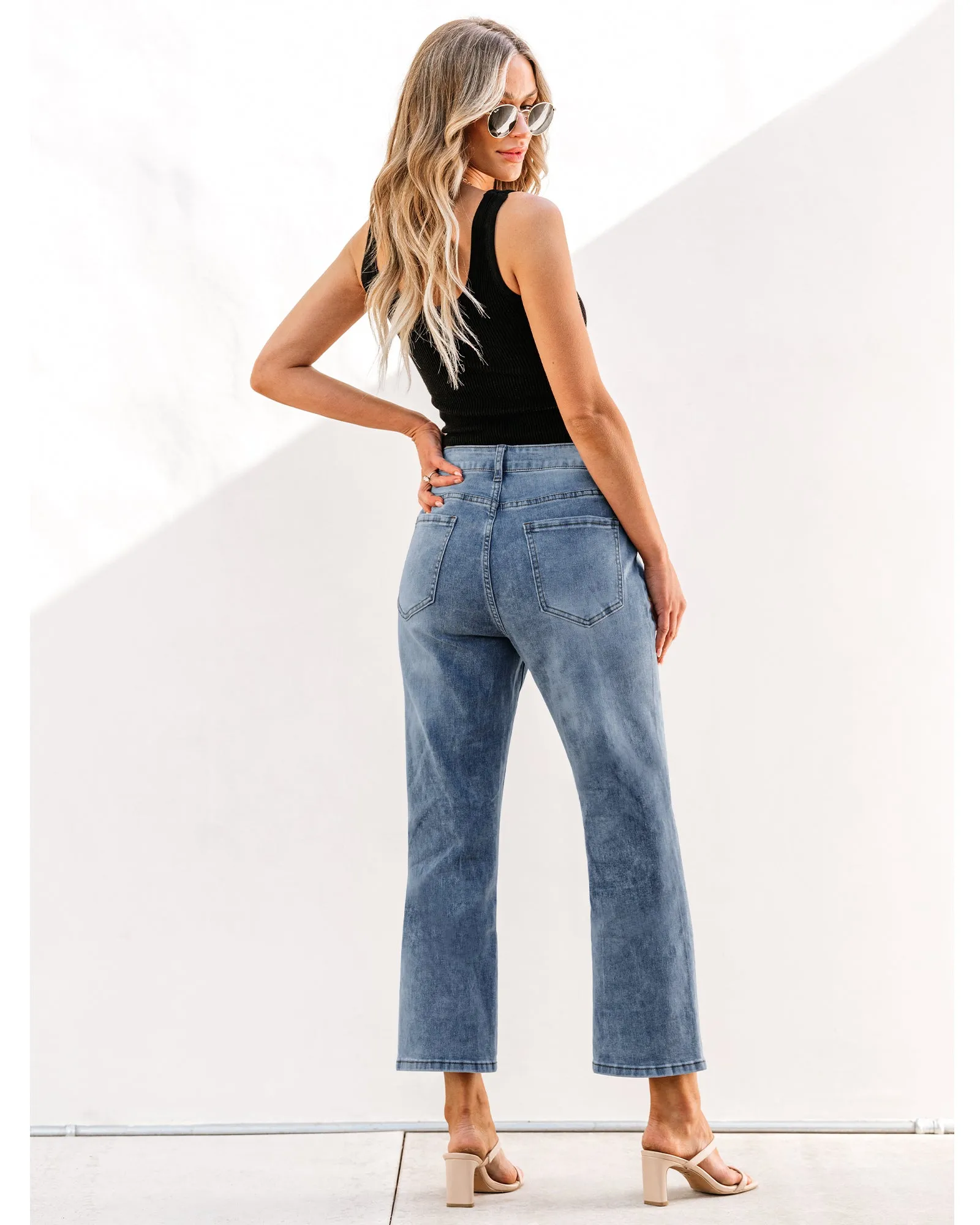 Lapis Blue Women's High Waisted Straight Leg Jeans Kick Flare Denim Long Pants