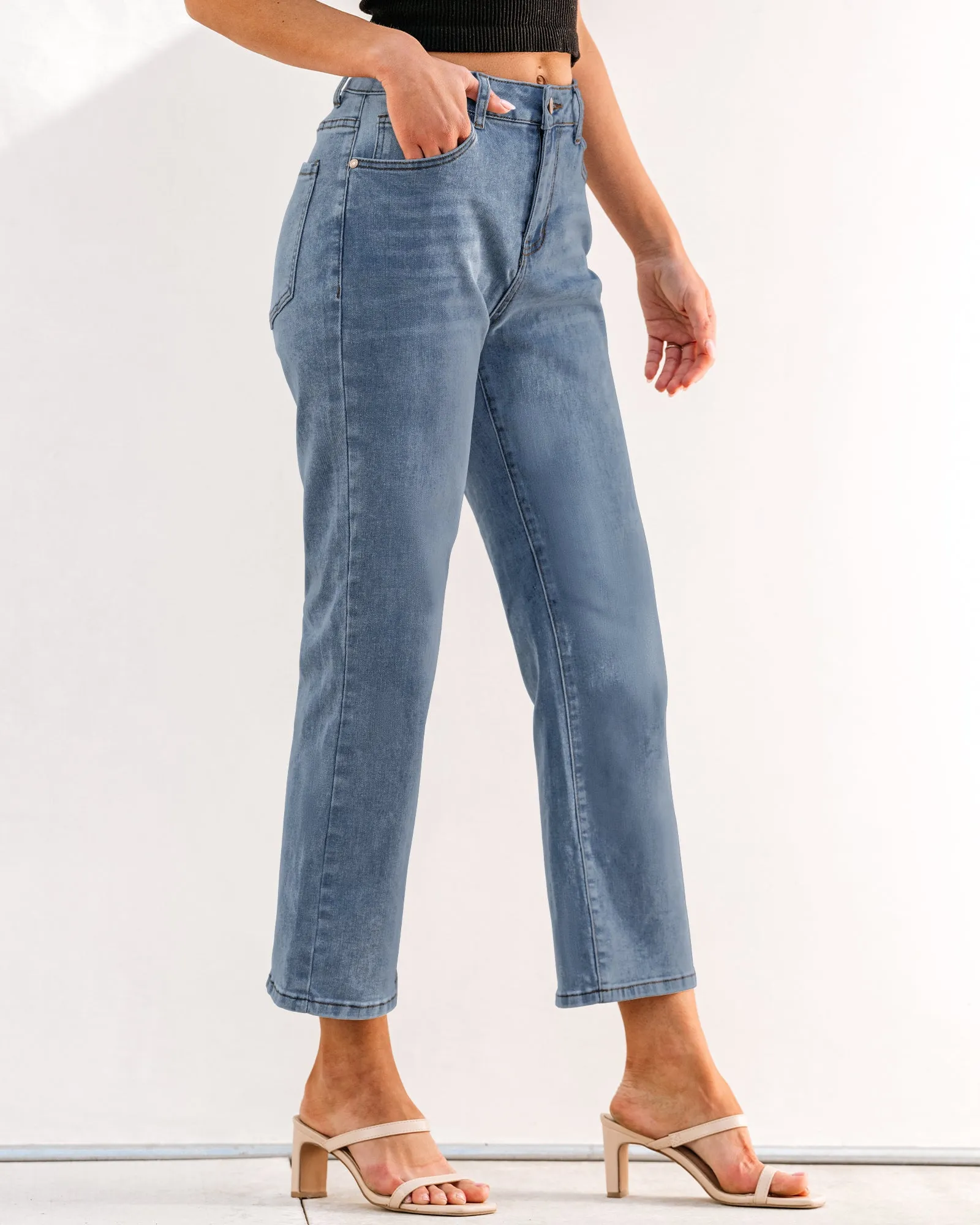 Lapis Blue Women's High Waisted Straight Leg Jeans Kick Flare Denim Long Pants