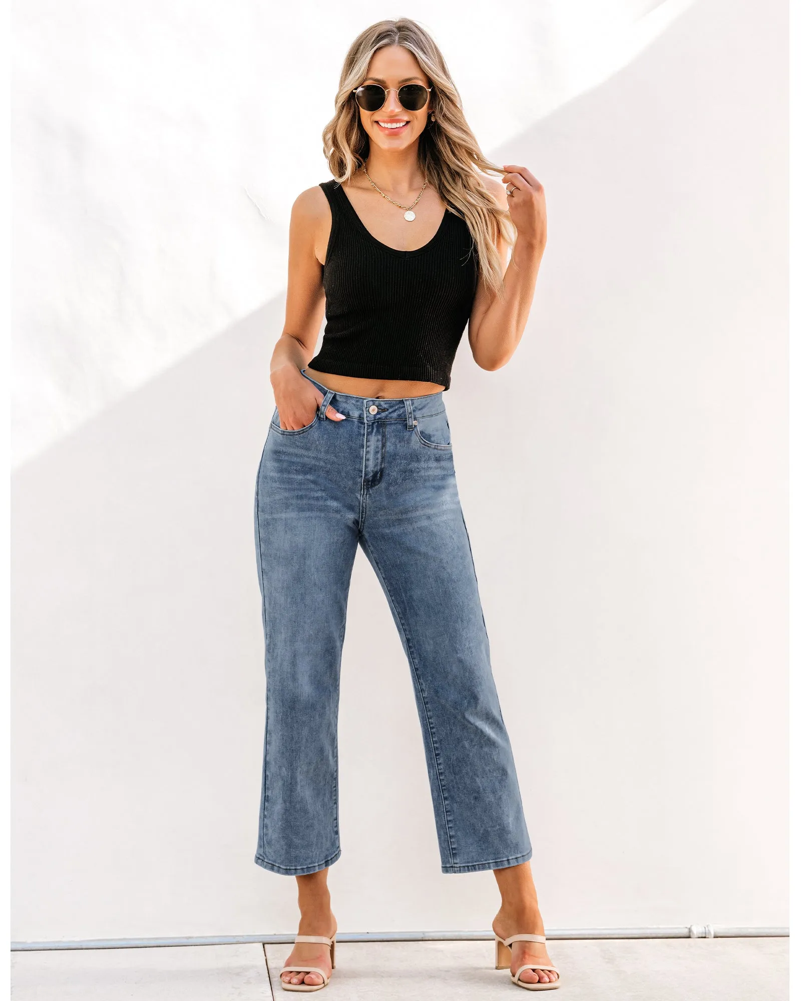 Lapis Blue Women's High Waisted Straight Leg Jeans Kick Flare Denim Long Pants