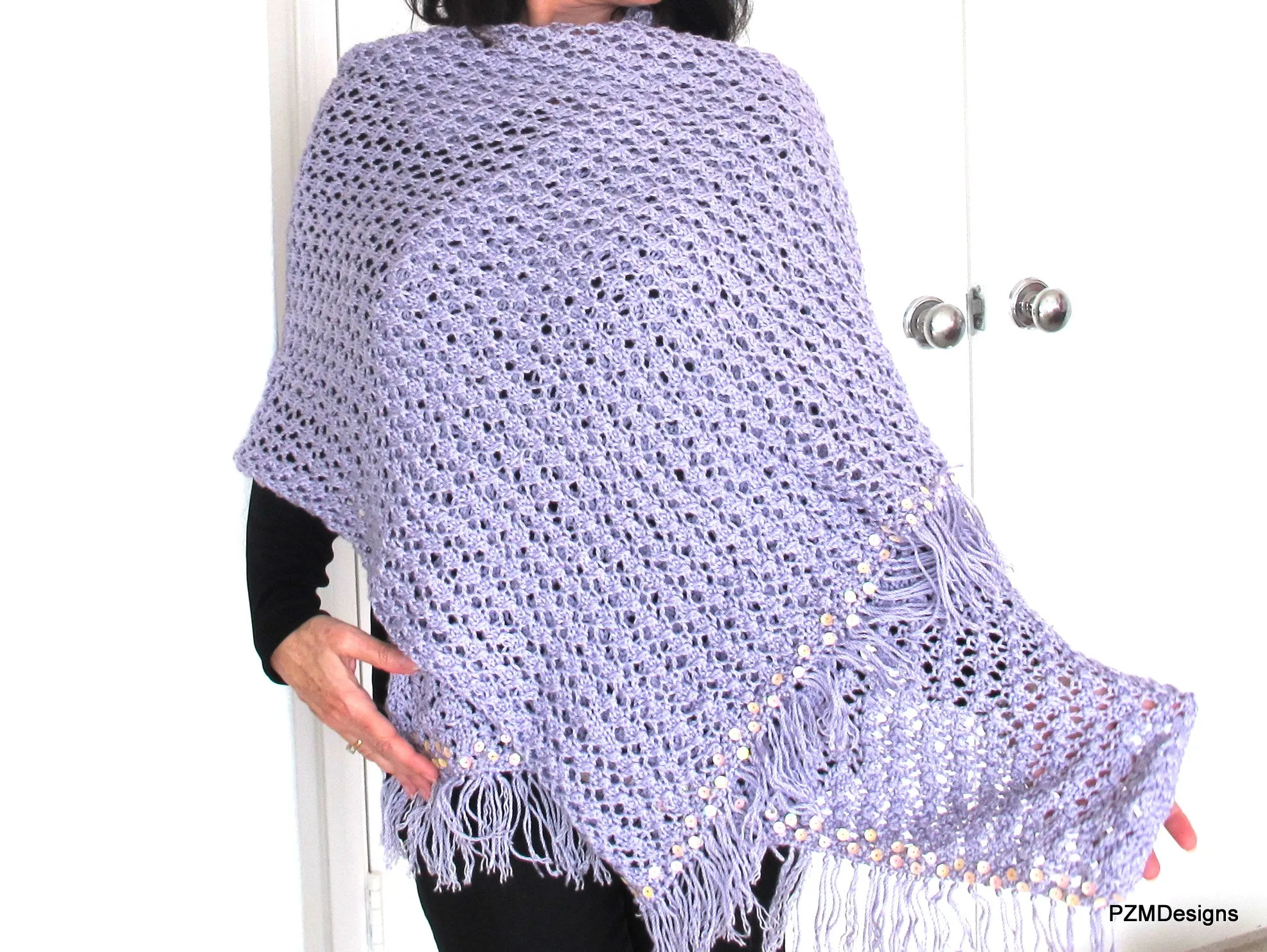 Large Hand Knit Lilac Shawl with Sequins