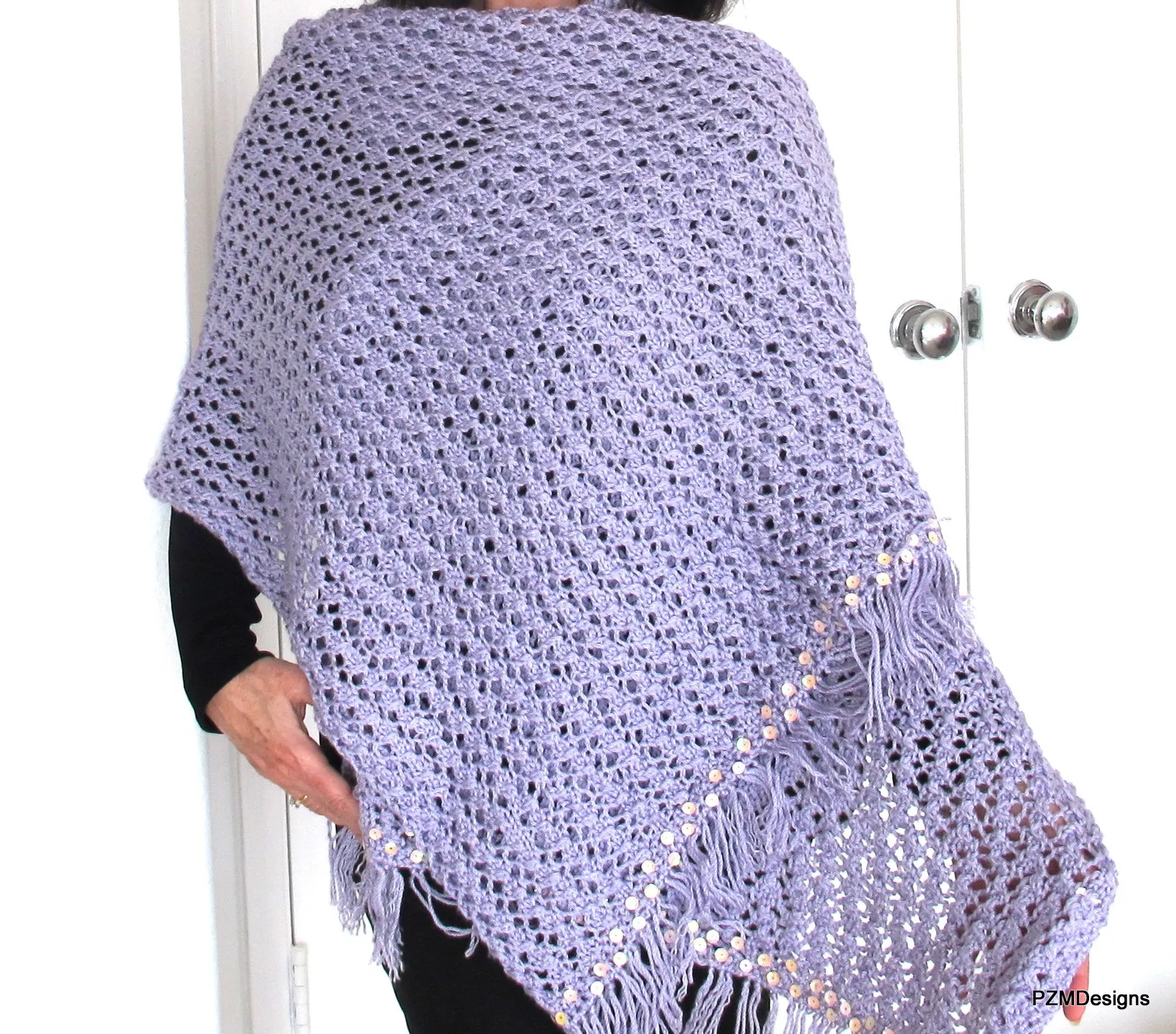 Large Hand Knit Lilac Shawl with Sequins