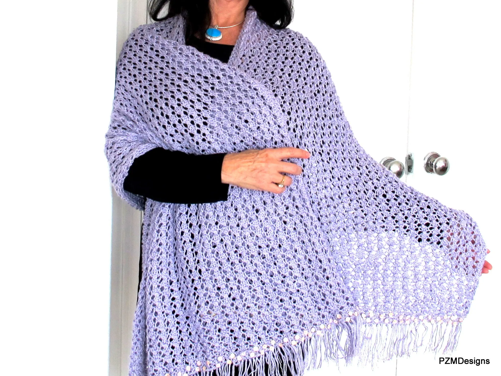 Large Hand Knit Lilac Shawl with Sequins