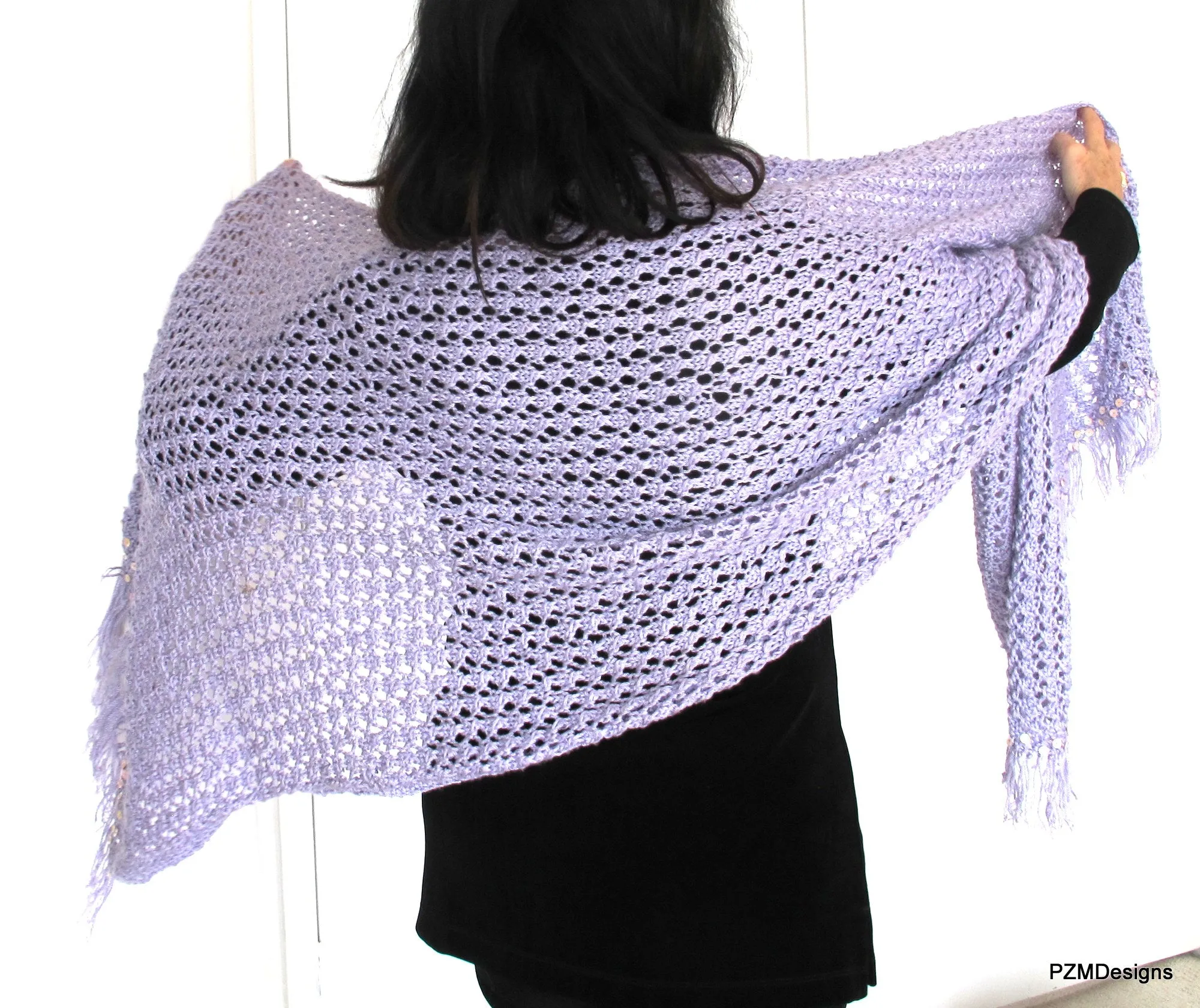 Large Hand Knit Lilac Shawl with Sequins