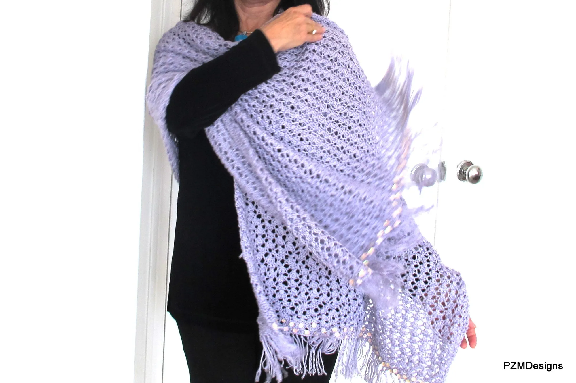 Large Hand Knit Lilac Shawl with Sequins