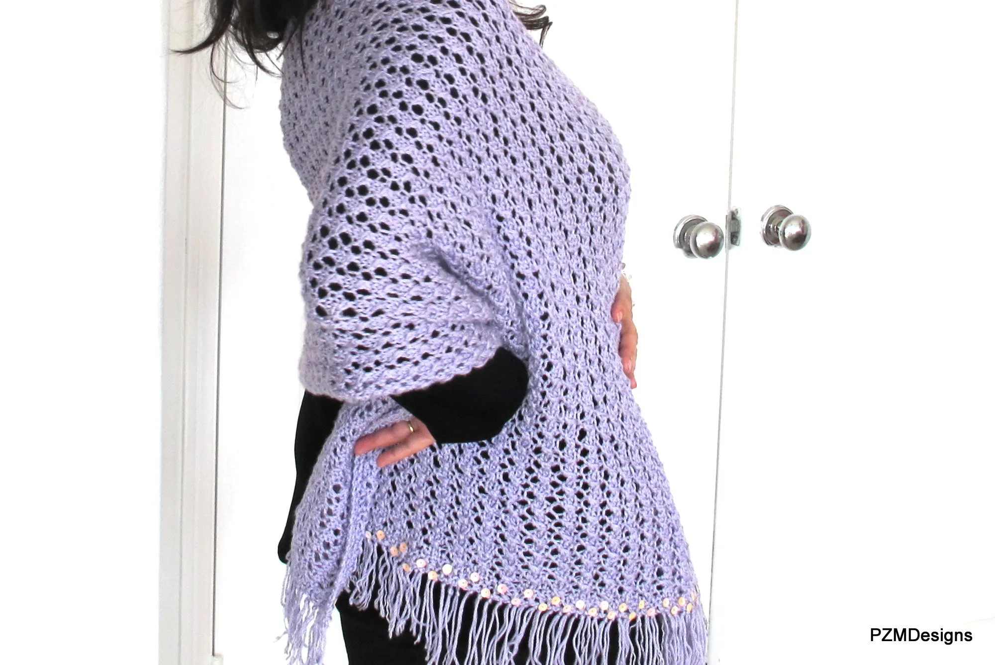 Large Hand Knit Lilac Shawl with Sequins