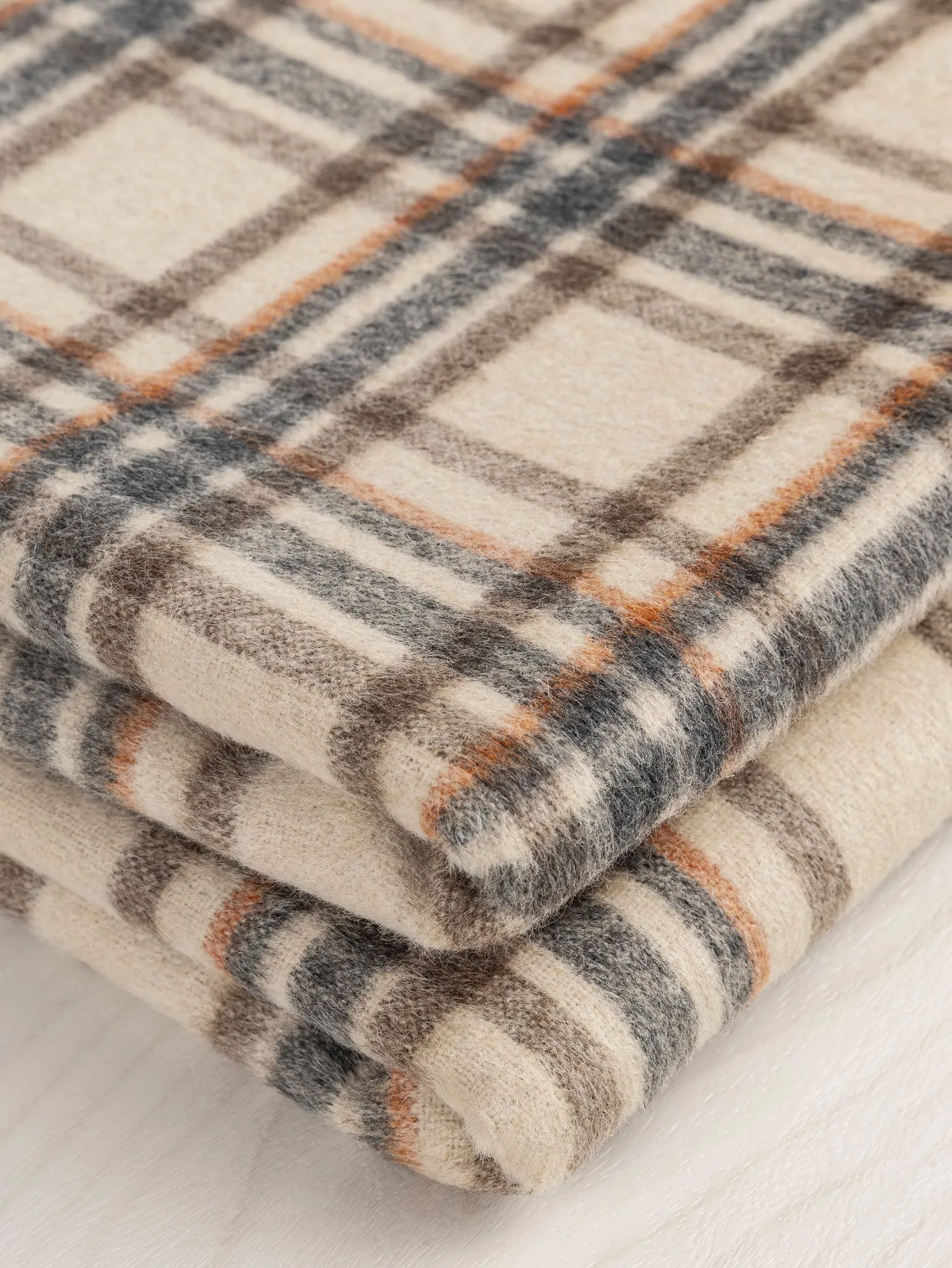 Large Plaid Brushed Wool Blend Deadstock - Cream   Brown   Blue   Orange