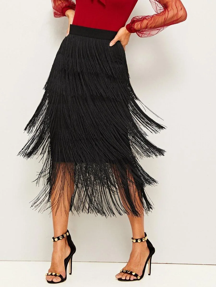 Layered Fringe Detail Pencil Skirt