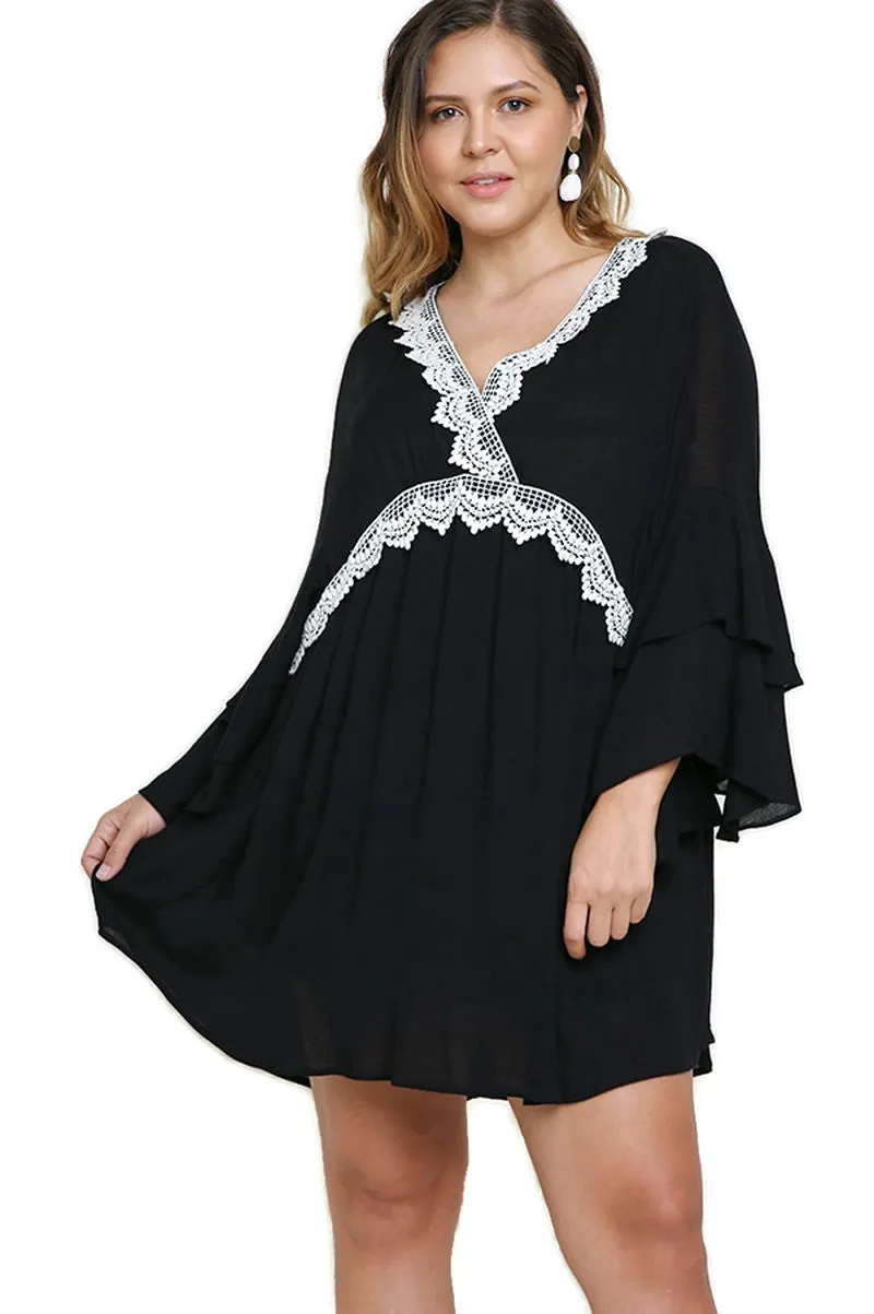 Layered Ruffle Bell Sleeve Dress, Black