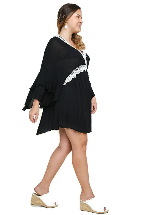 Layered Ruffle Bell Sleeve Dress, Black