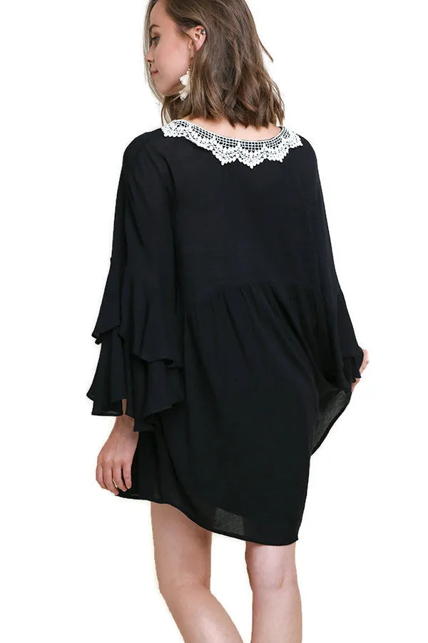 Layered Ruffle Bell Sleeve Dress, Black