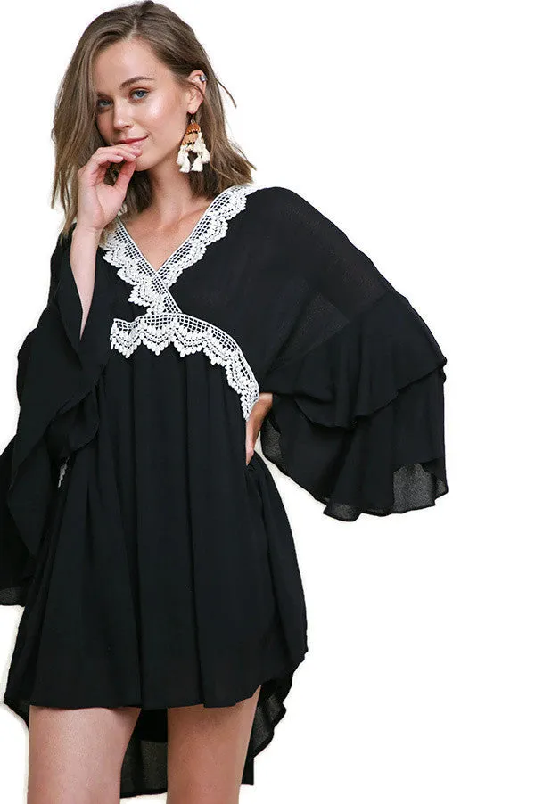 Layered Ruffle Bell Sleeve Dress, Black