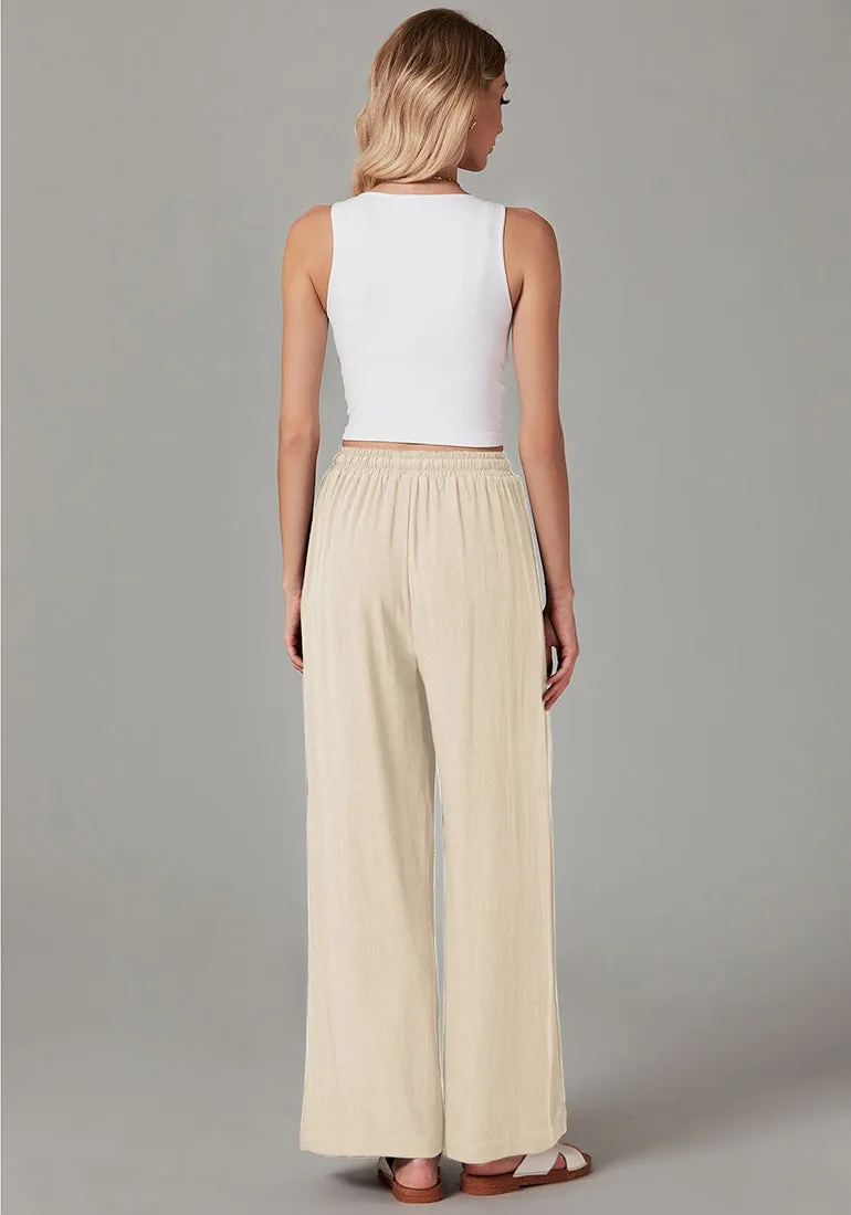 Light Beige Relaxed Fit High Waisted Elastic Waist Wide Leg Drawstring Pocket Pant