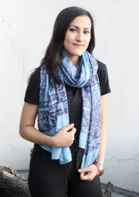 Light Blue Flower Print Cotton Scarf