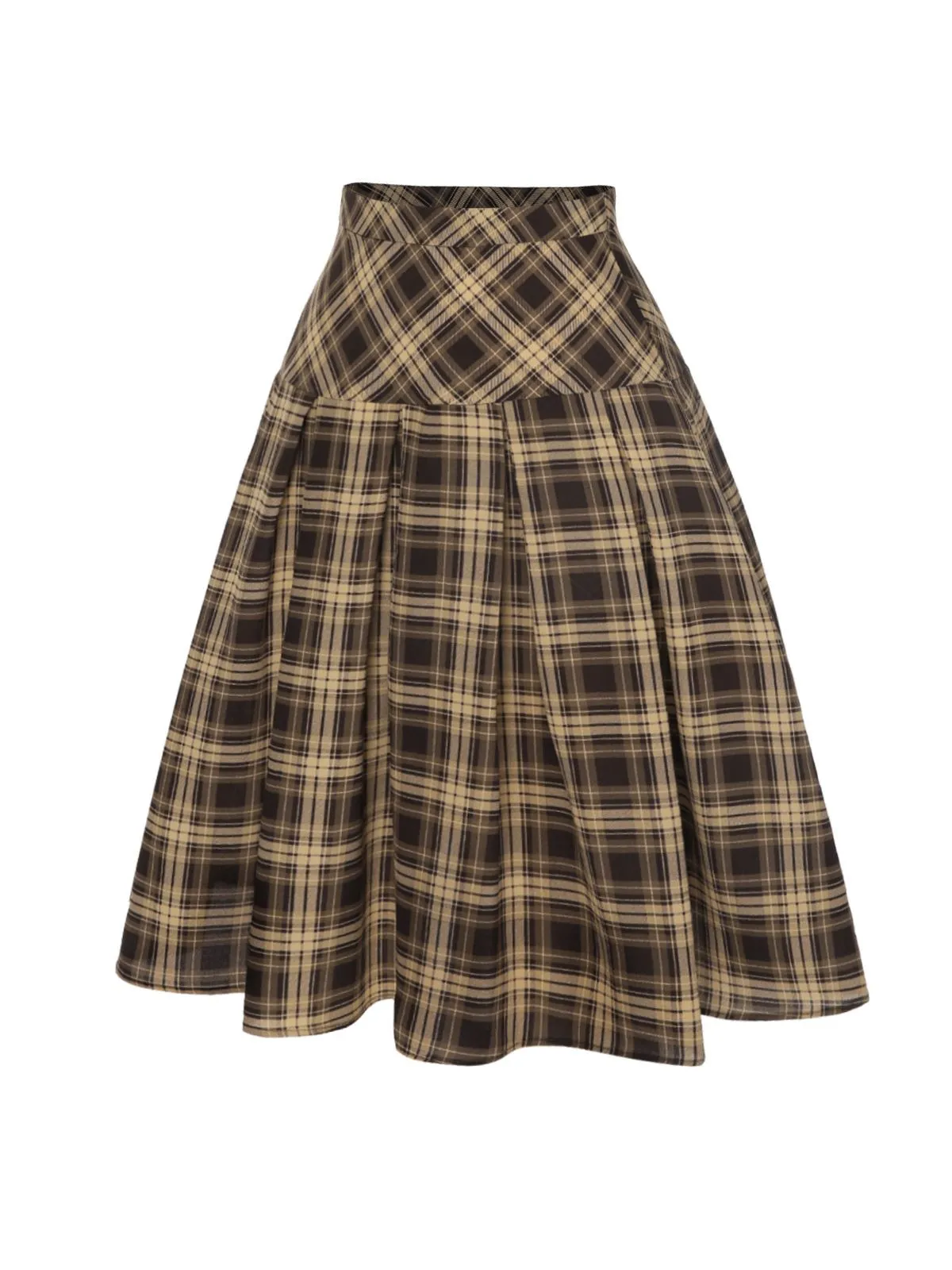 Light Brown 1950s Plaid Pleated Skirt