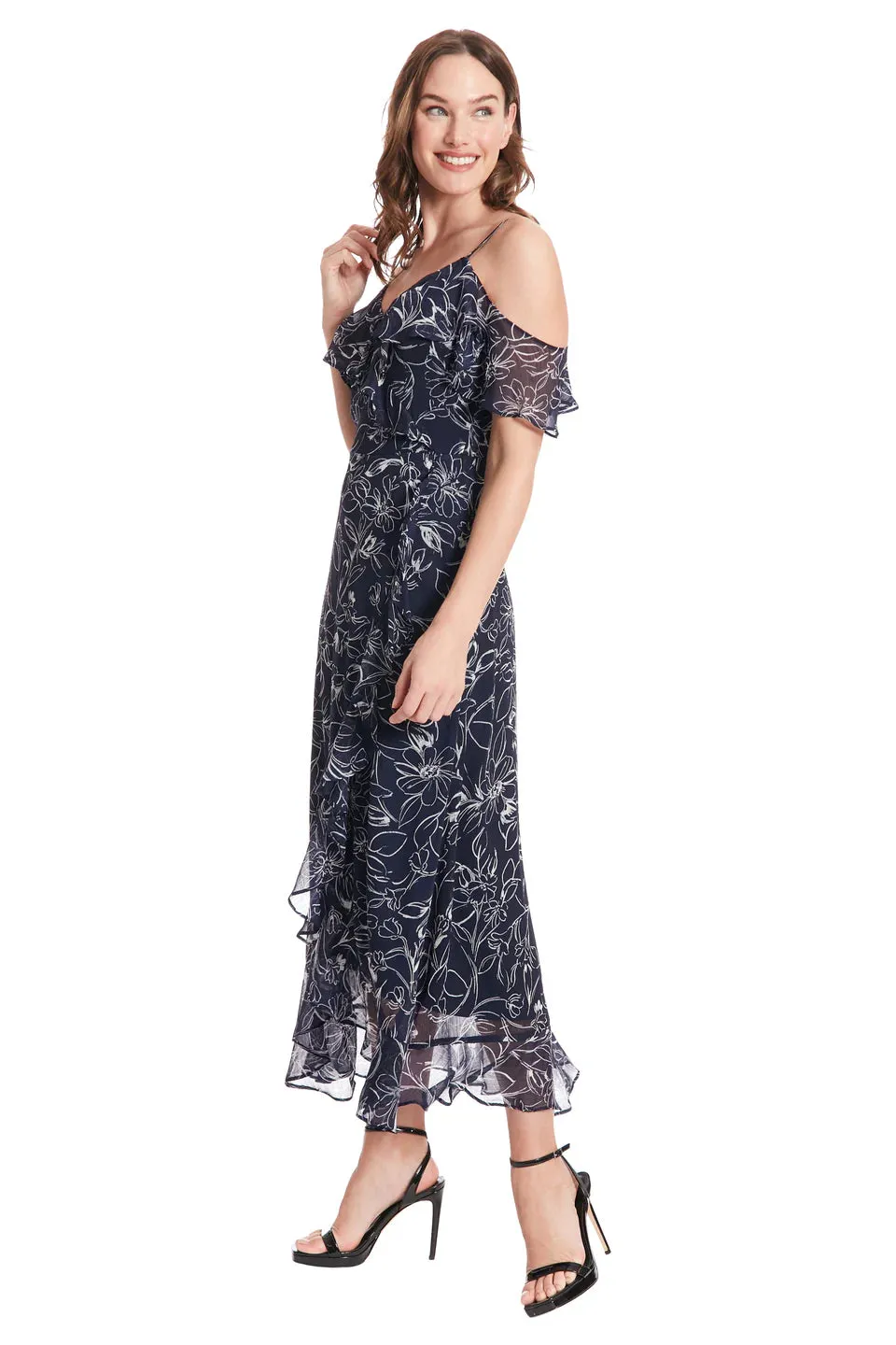 London Times Clod Shoulder Ruffle Wrap Dress | Navy/White