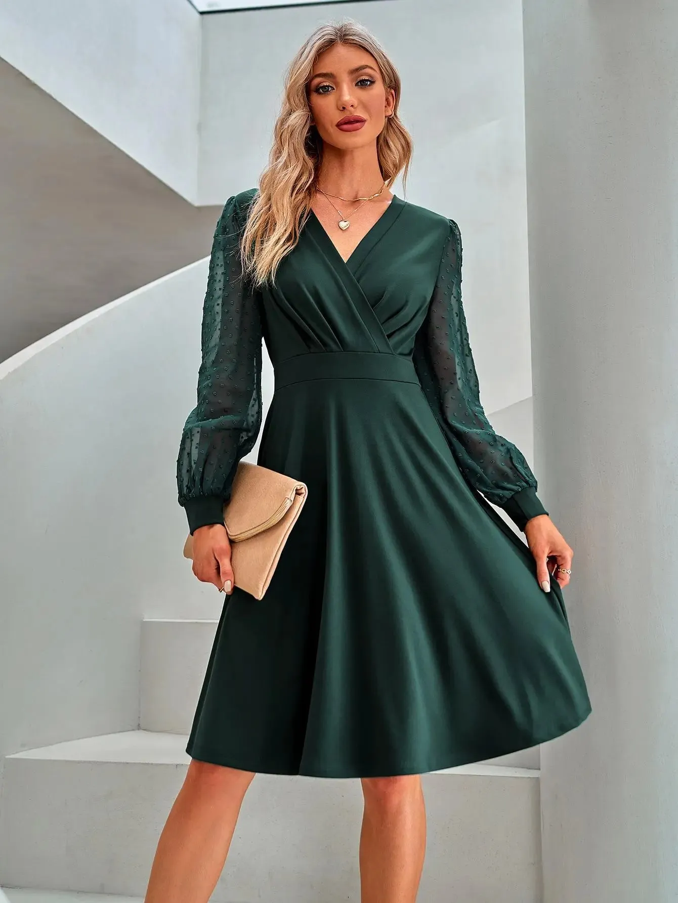 Long Sleeve V Neck Casual Dress