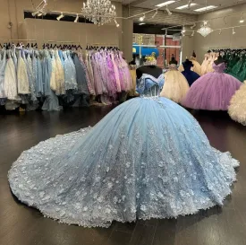 Luxury Sparkly Fairytail Quinceanera Dresses Off Shoulder Gillter 3D Floral