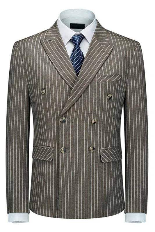 Mark Stylish Coffee Double Breasted Peak Lapel Striped Business Suit for Men