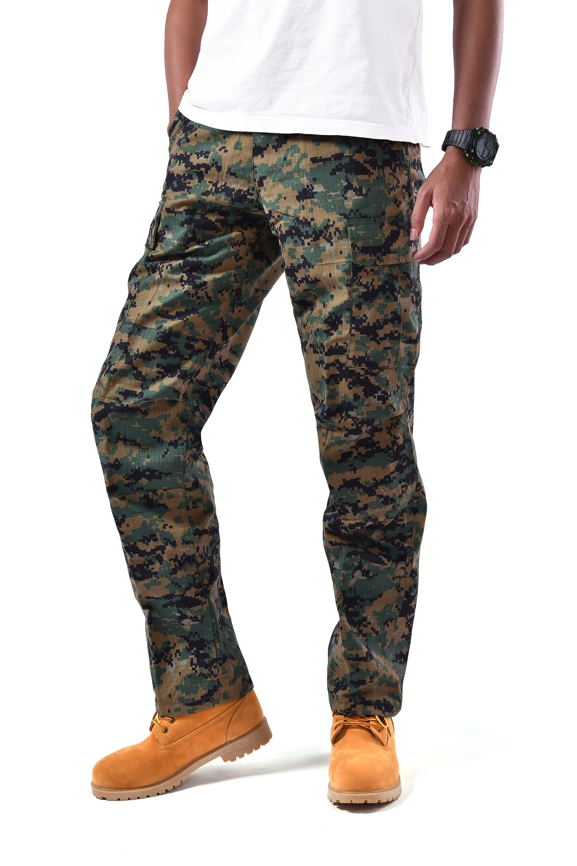 Mens Casual Multi-pocket Camouflage Cargo Pants Military Army Trousers BDU Pants Trousers with Zip Fly - RipStop Fabric