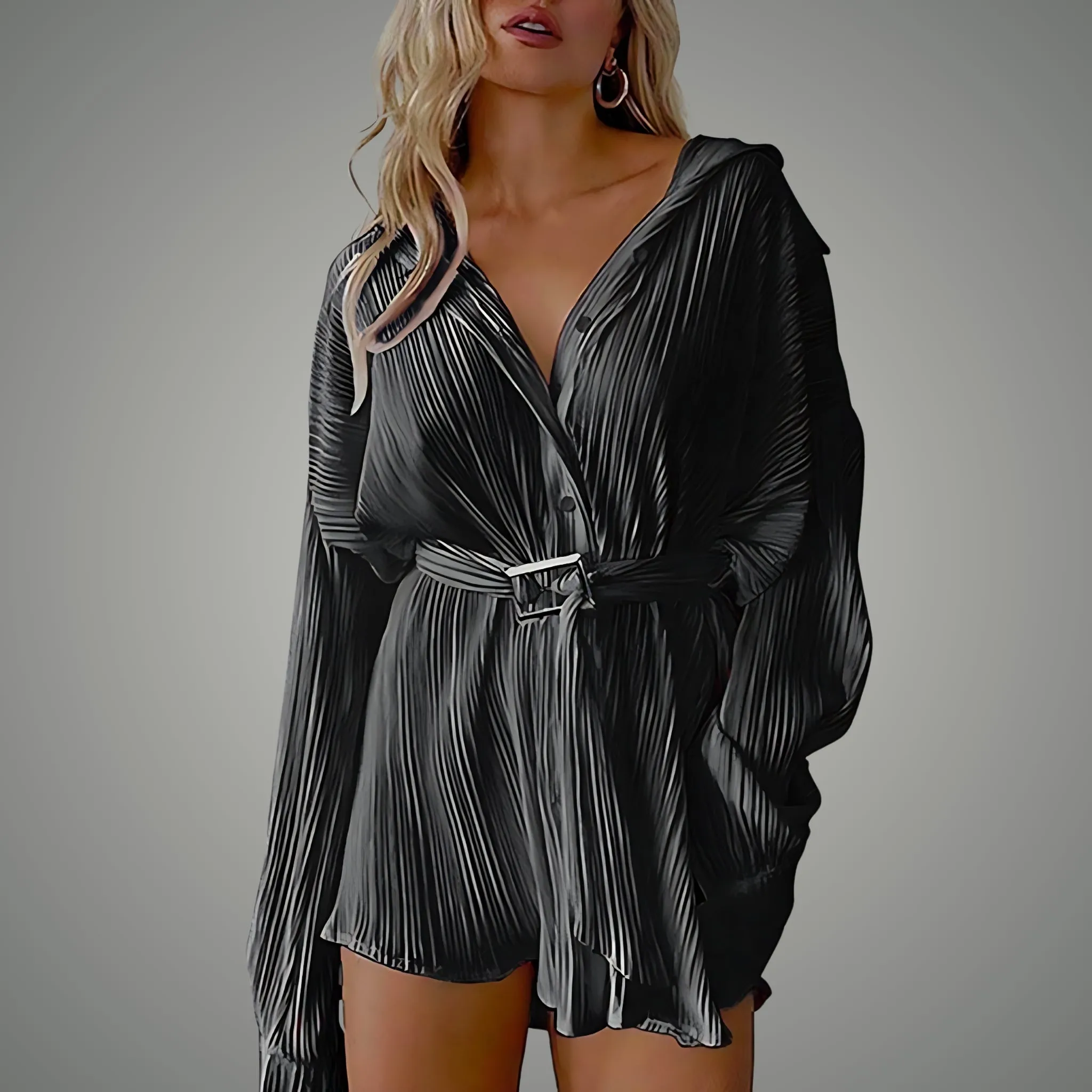 Mini Long Sleeve Pleated Shirt Dress