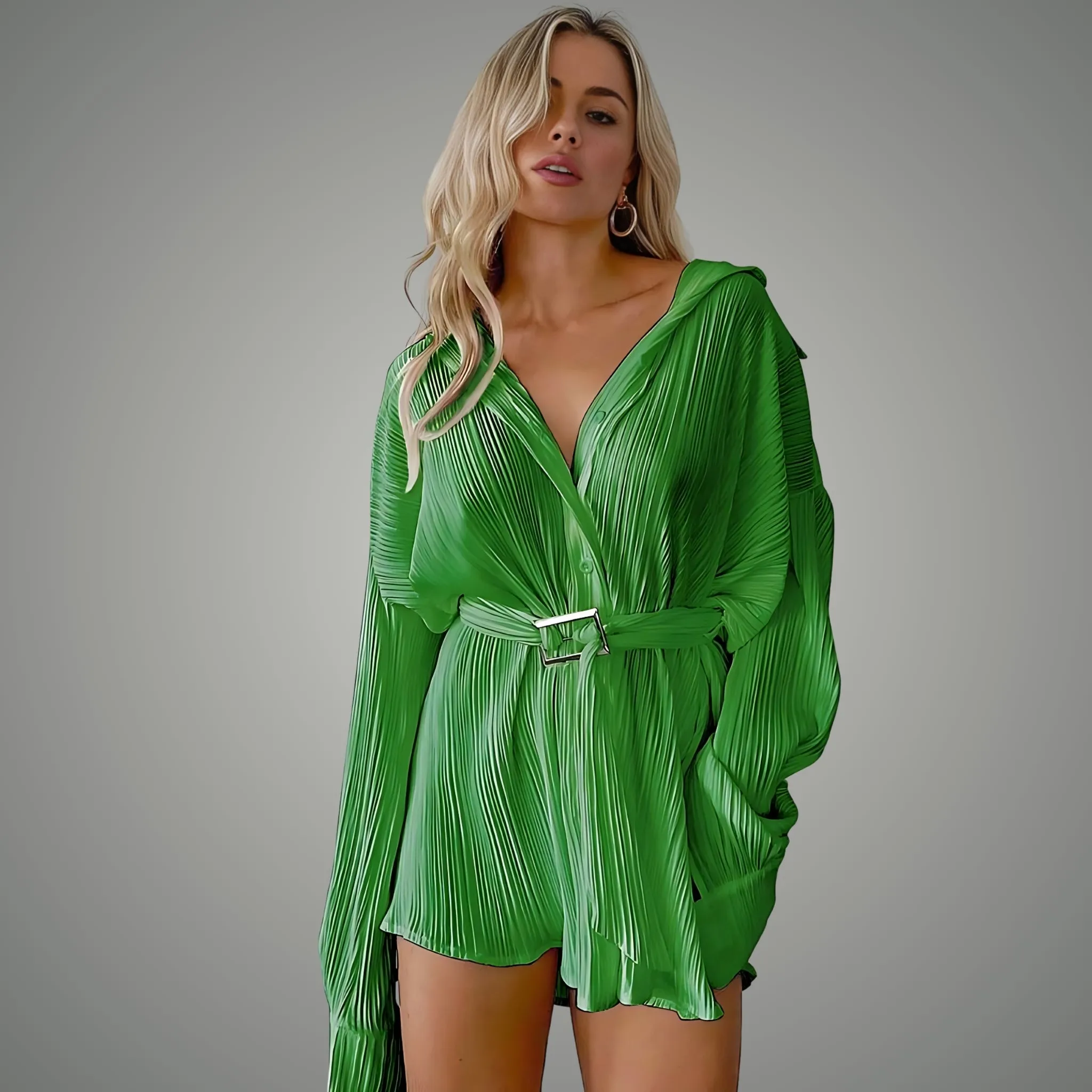 Mini Long Sleeve Pleated Shirt Dress