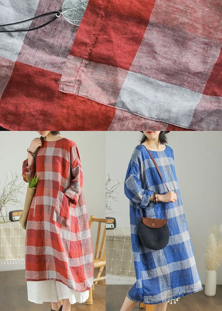 Modern Blue Loose Plaid Patchwork Linen Fall Maxi Dress