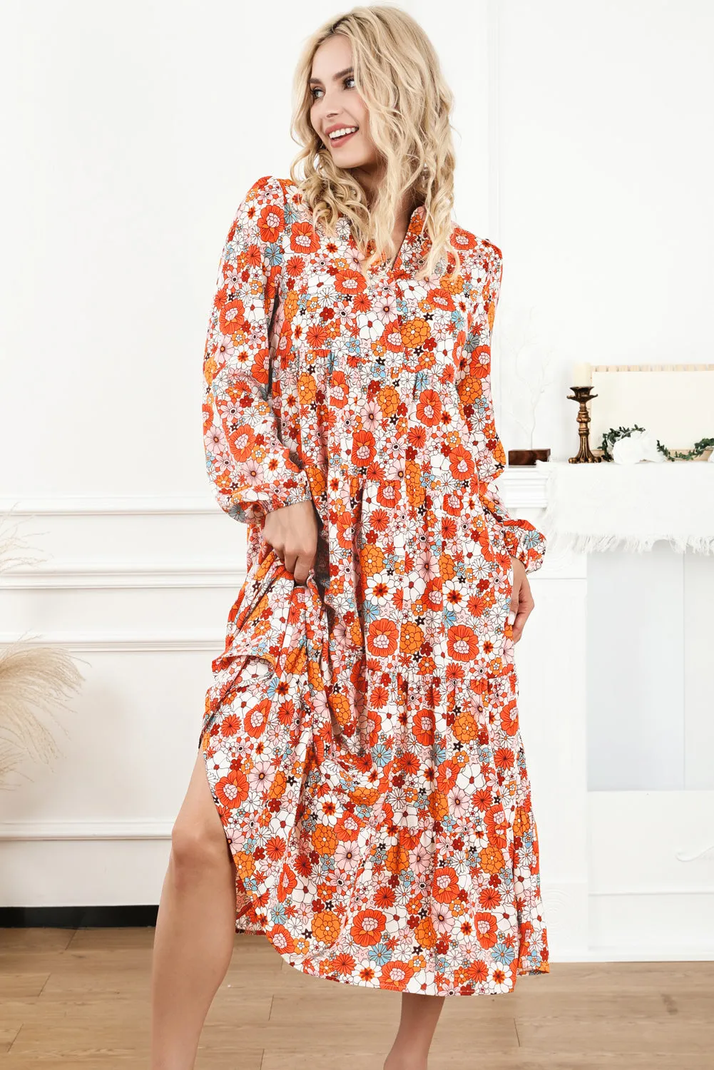 Multicolor Boho Floral Collared Long Sleeve Ruffled Dress