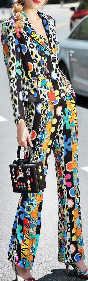 Multicolored Retro Print Blazer Jacket & Flared Pant Set