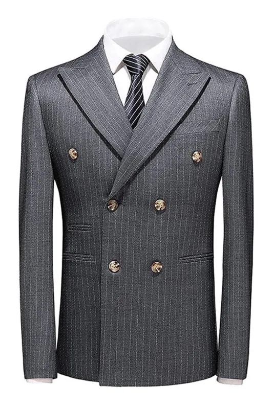 Nevada Formal Dark Gray Double Breasted Peak Lapel Striped Men's Business Suit