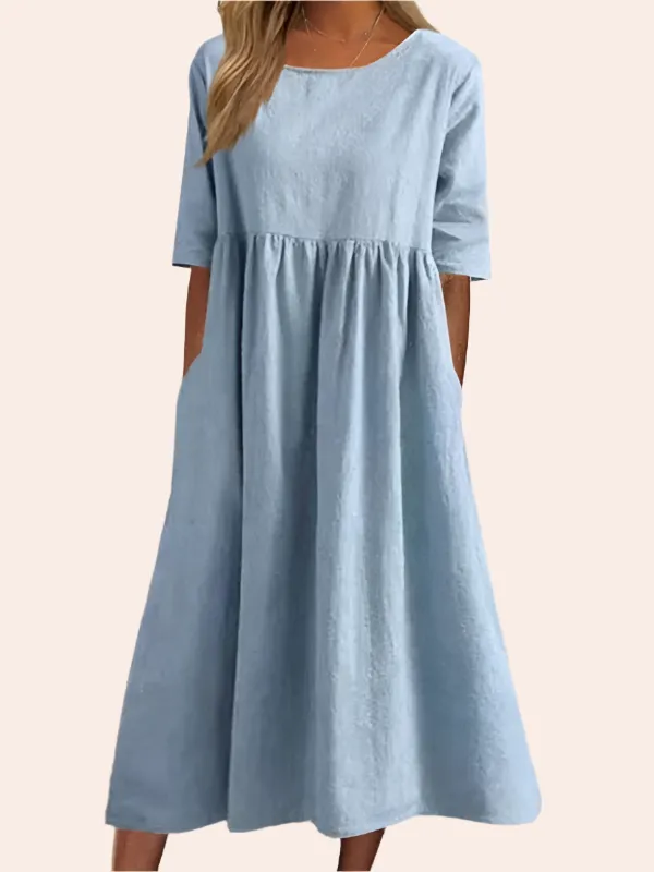 New round neck 5-quarter sleeves large size casual loose long solid color dress