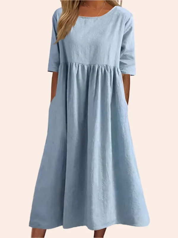 New round neck 5-quarter sleeves large size casual loose long solid color dress