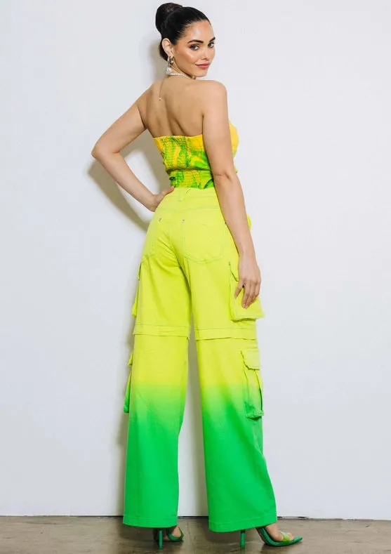 Ombre Color Cargo Wide Pants Lime