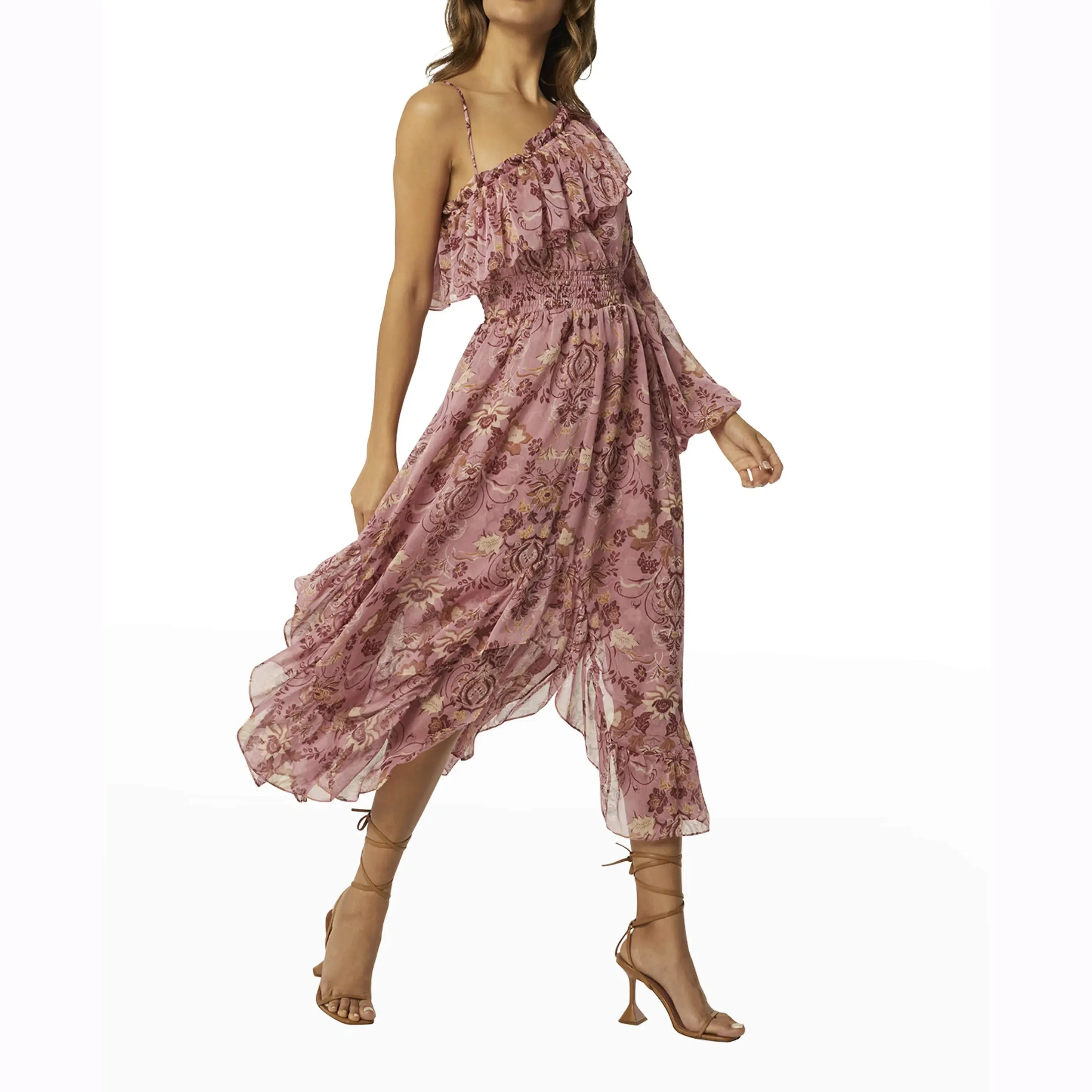 One-Shoulder Ruffle Midi Chiffon Casual Dress