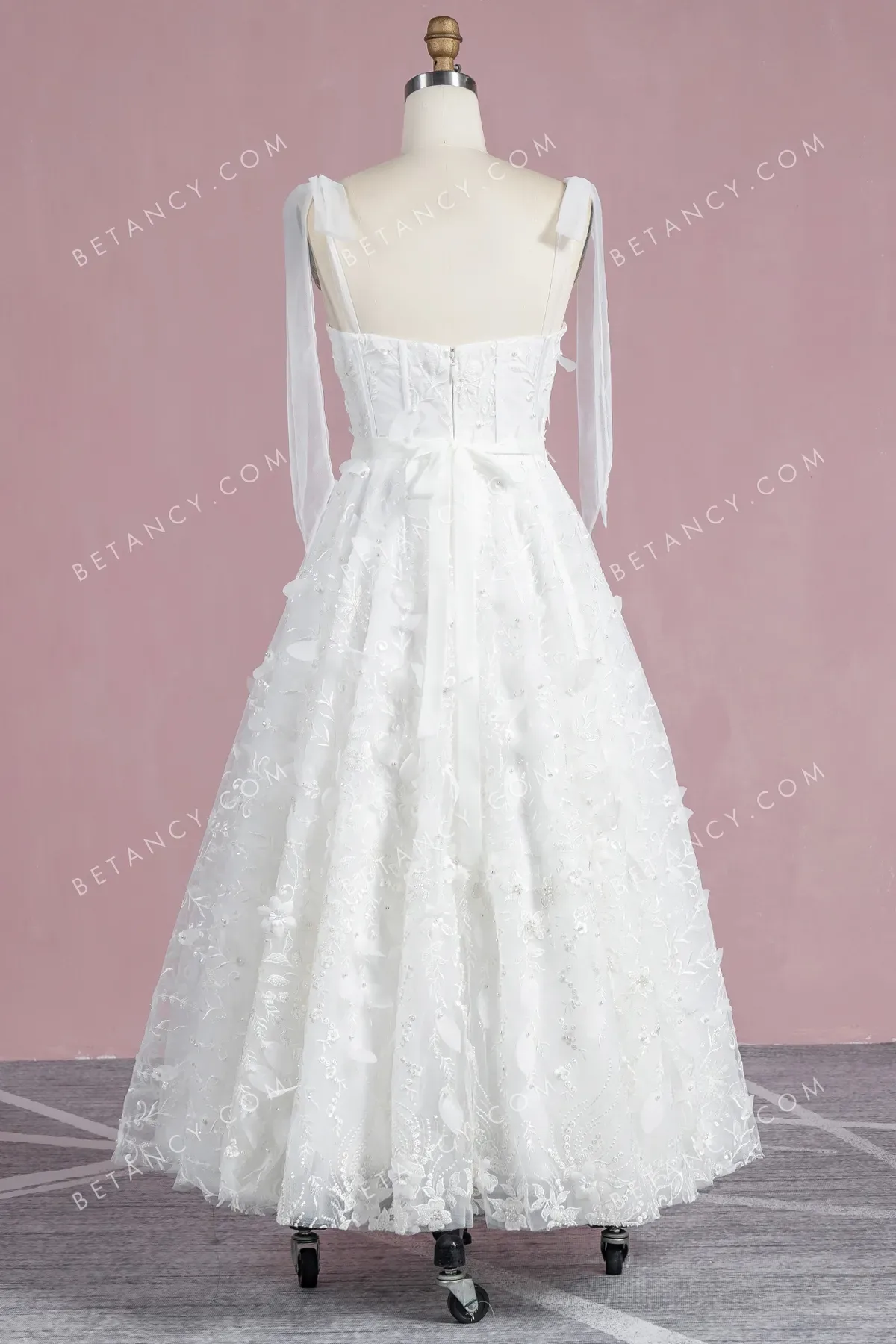 Pearled 3D Floral Lace Ankle-length Cute Wedding Dress