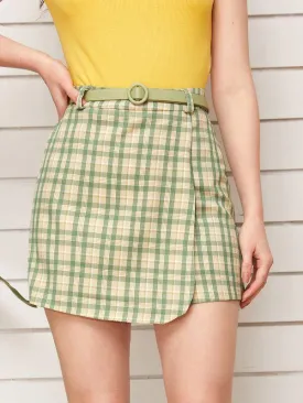 Plaid Print Wrap Skirt With Belt