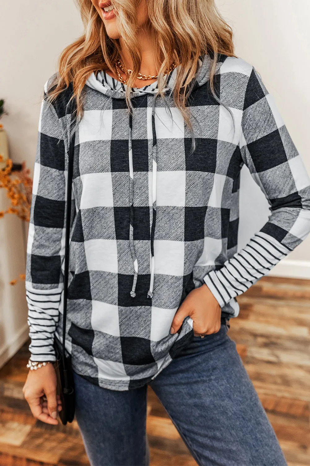 Plaid Striped Drawstring Hoodie