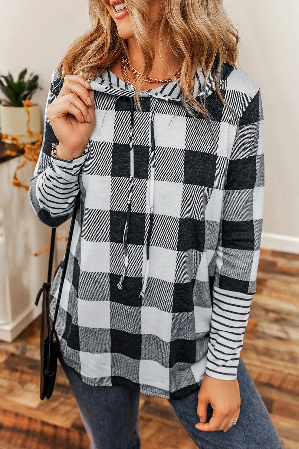 Plaid Striped Drawstring Hoodie