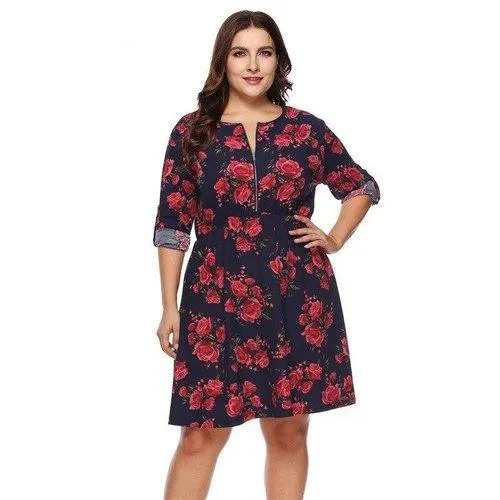 Plus Size Floral O-Neck Casual Tunic Midi Dress