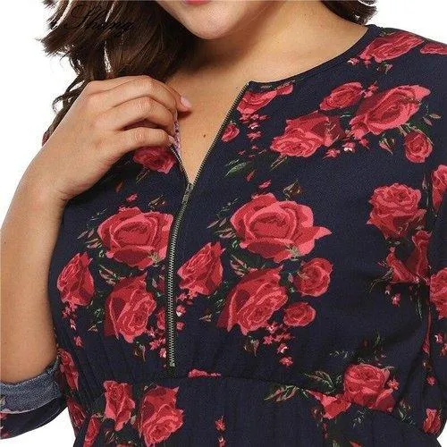 Plus Size Floral O-Neck Casual Tunic Midi Dress