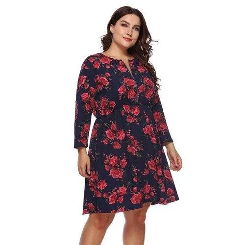 Plus Size Floral O-Neck Casual Tunic Midi Dress