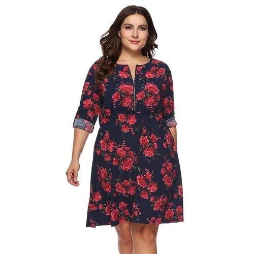 Plus Size Floral O-Neck Casual Tunic Midi Dress