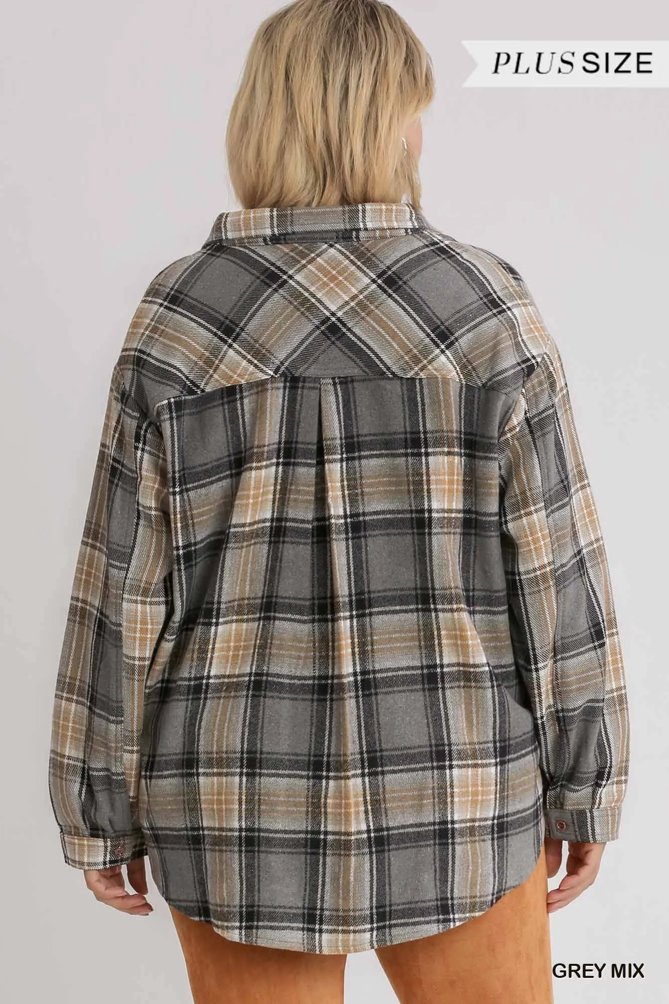 Plus Size Grey Plaid Button Down Boyfriend Long Sleeve Oversized Front pockets Blouse Tops