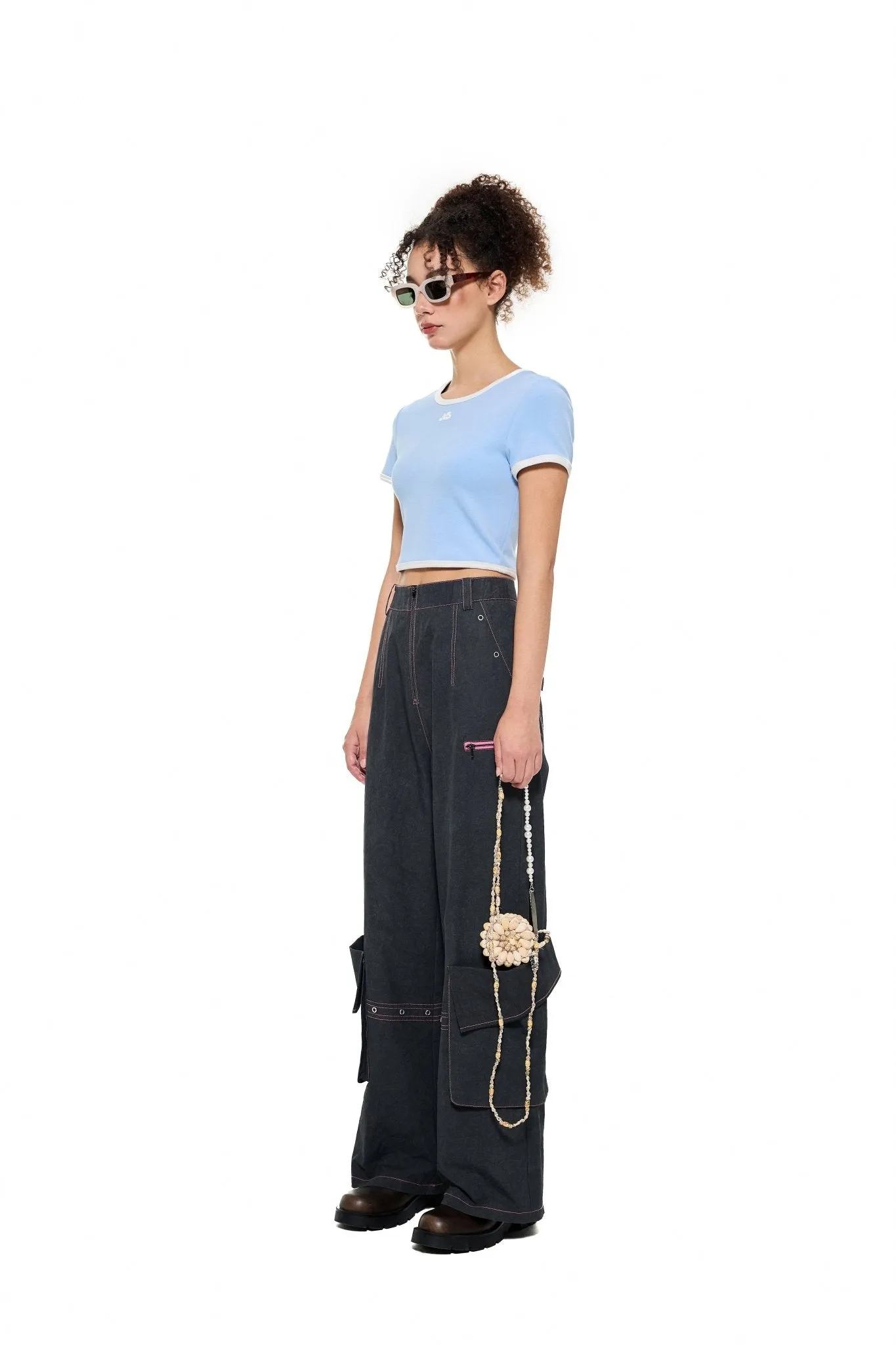 Pocket Wide-Leg Cargo Trousers in Black