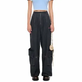 Pocket Wide-Leg Cargo Trousers in Black