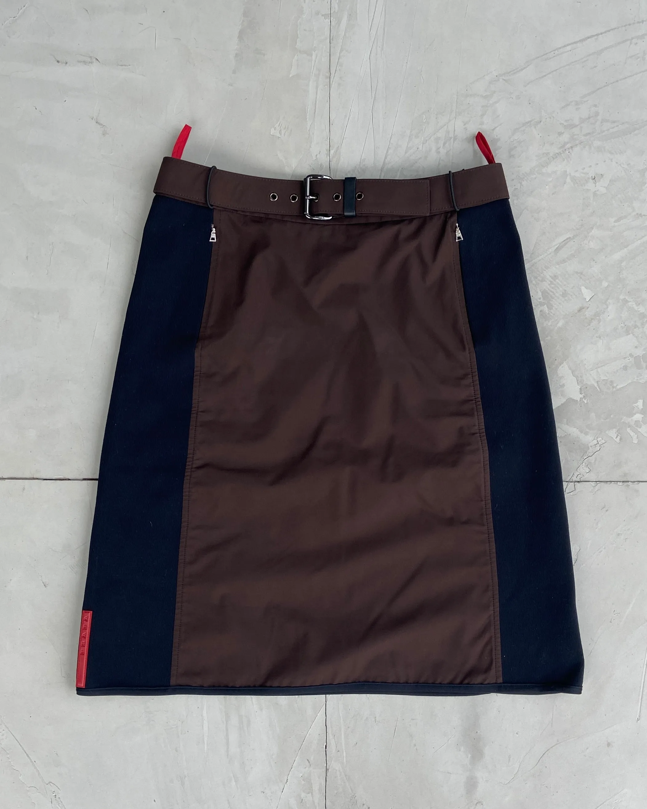 PRADA SPORT TWO-TONE BELTED NYLON SKIRT - M