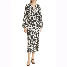 Print Long Sleeve Cotton & Silk Side Tie Casual Dress